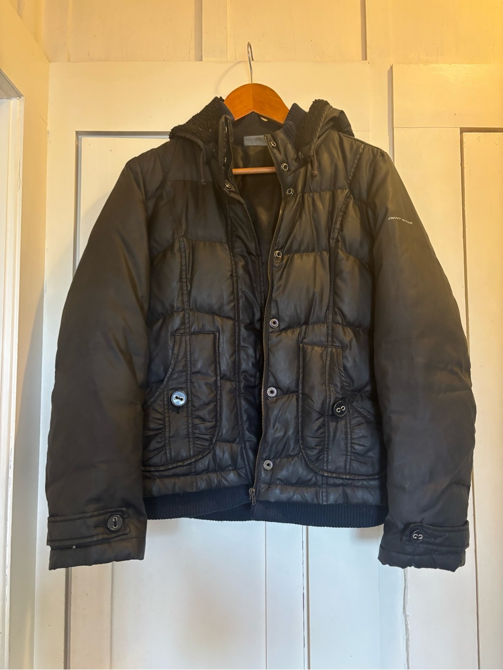 DKNY Women’s Black Puffer Jacket with detachable hood
